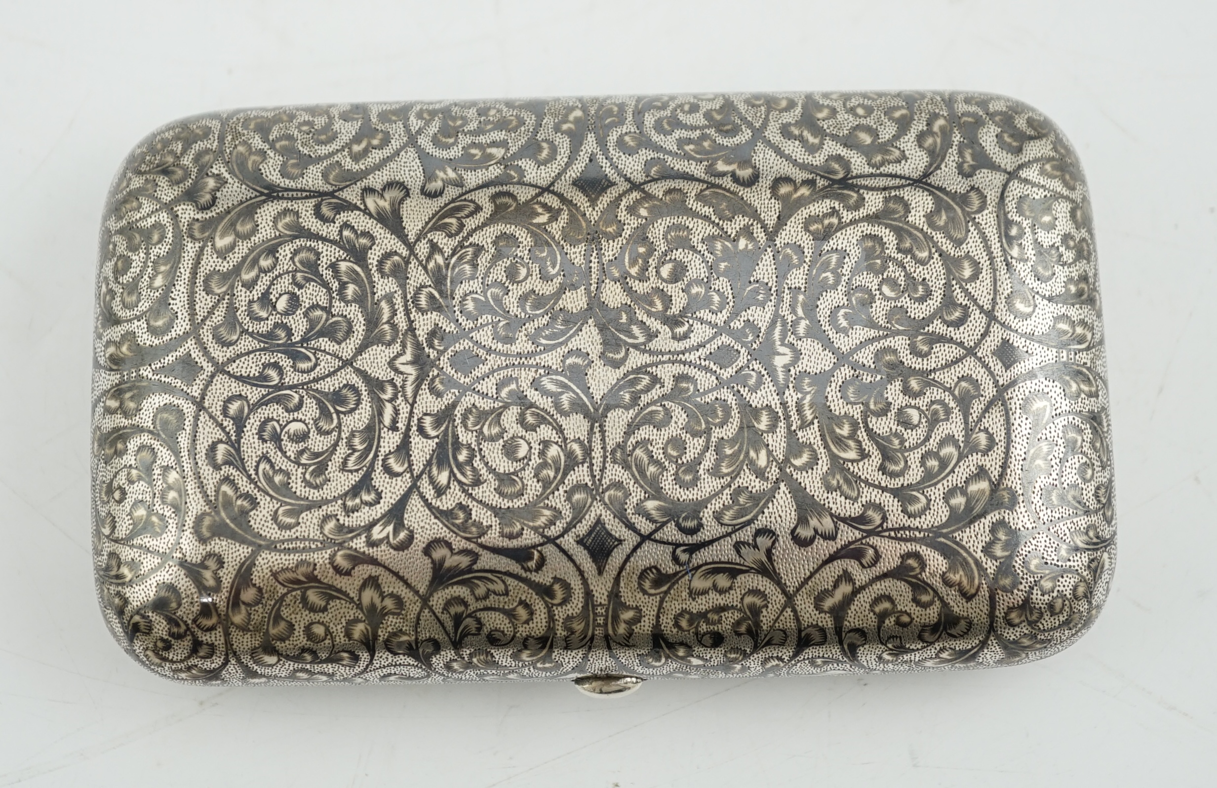 A late 19th century Russian 84 zolotnik silver and niello cigar case, master Gustav Klingert